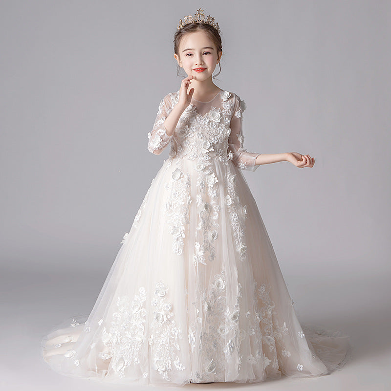 Girl's Princess Dress Tulle Tutu Children's Catwalk Trailing Skirt Flower Girl Little Host Piano Princess Costume Western Style