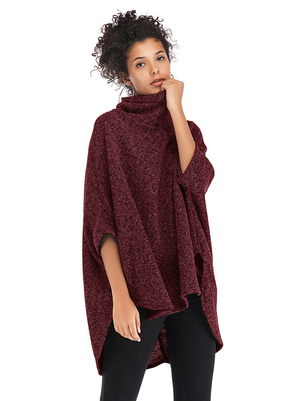 xakxx Casual Loose Half Sleeves Solid Color High-Neck Sweater Tops