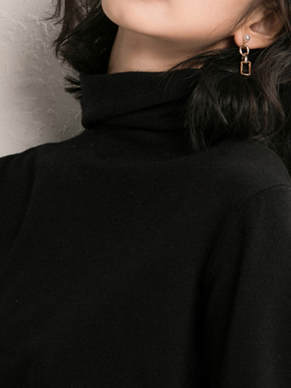 xakxx Simple Loose Long Sleeves Solid Color High-Neck Sweater Tops