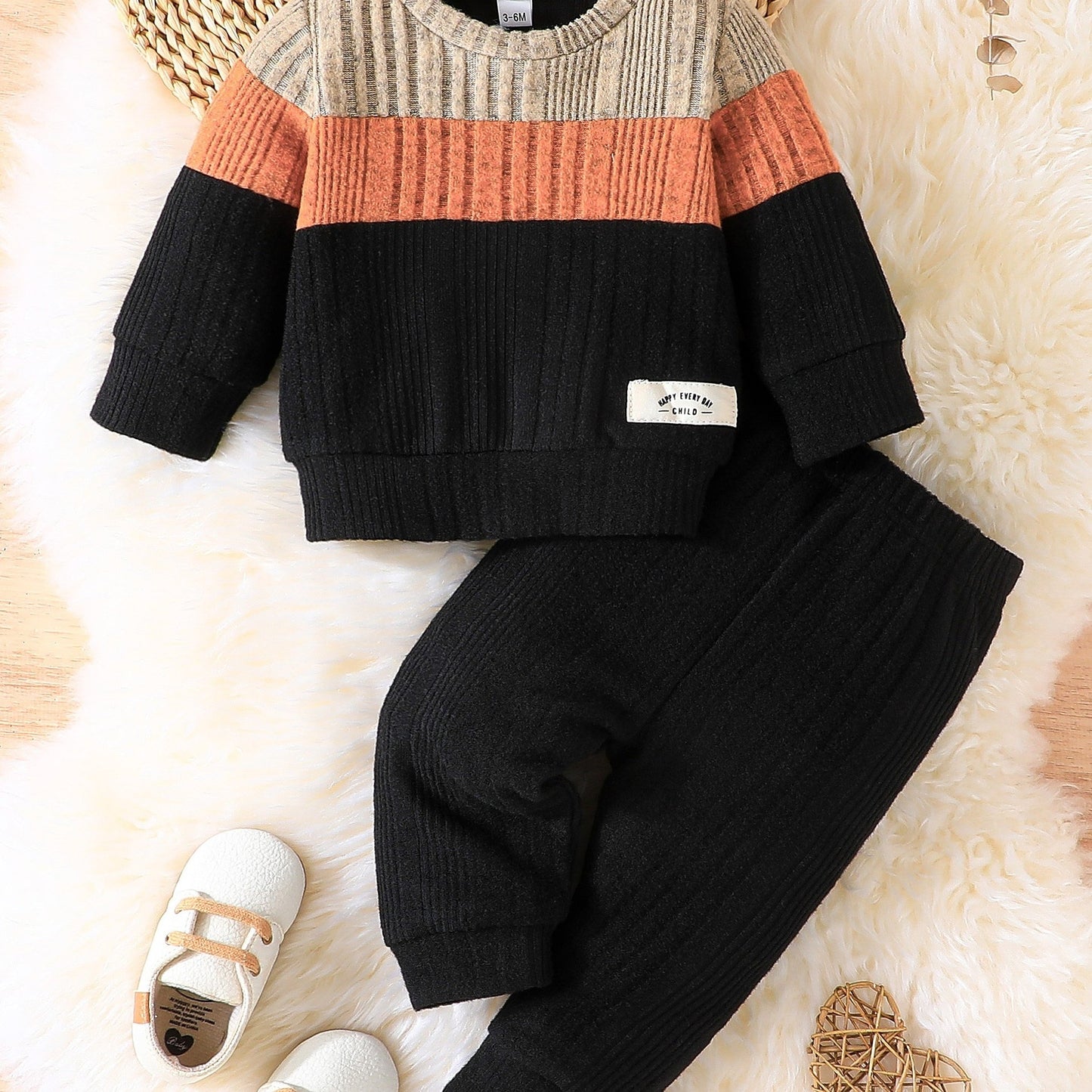 2pcs Adorable Baby Boy's Color Clash Outfit Set - Layette Sets - Soft Ribbed Sweatshirt and Pants Combo for Newborns, Perfect Gift for Baby Shower