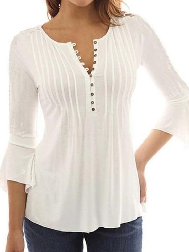 Xakxx - Women Elegant Ruffles Tops Plus Size Flare Sleeve Solid Casual Loose Shirt Blouse