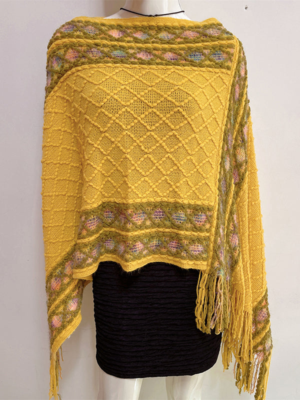 xakxx Loose Asymmetric Tasseled V-Neck Cape Shawl&Cloak