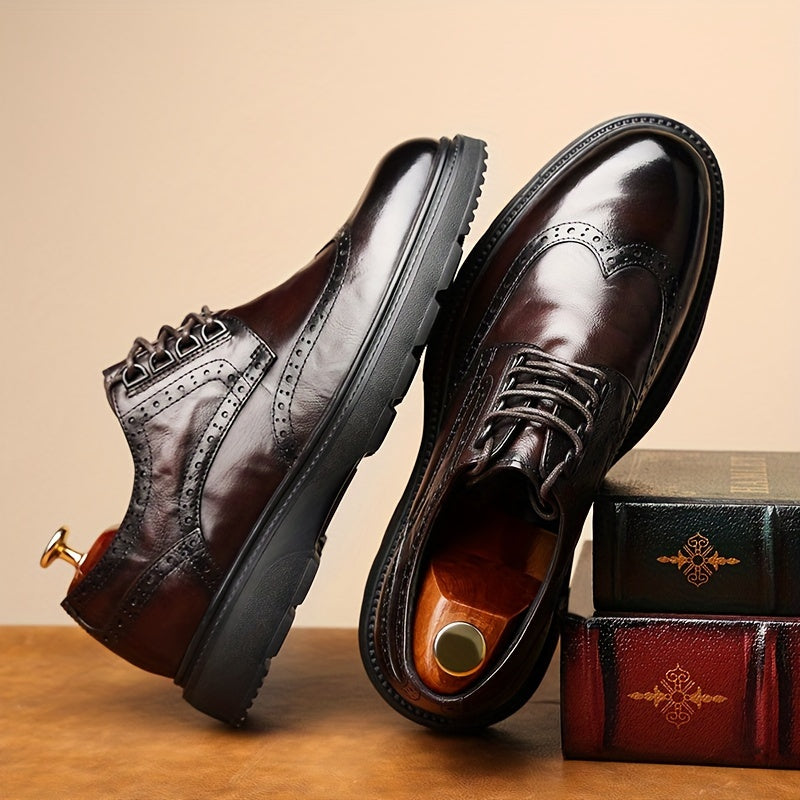 Premium Mens Wing-tip Brogue Dress Shoes - Split Leather, Anti-slip Sole, Comfortable Lace-up - Perfect for Business Office, Spring & Autumn