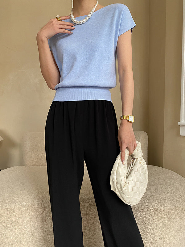 xakxx Stylish Loose Solid Color Boat Neck Knitwear Pullovers Tops