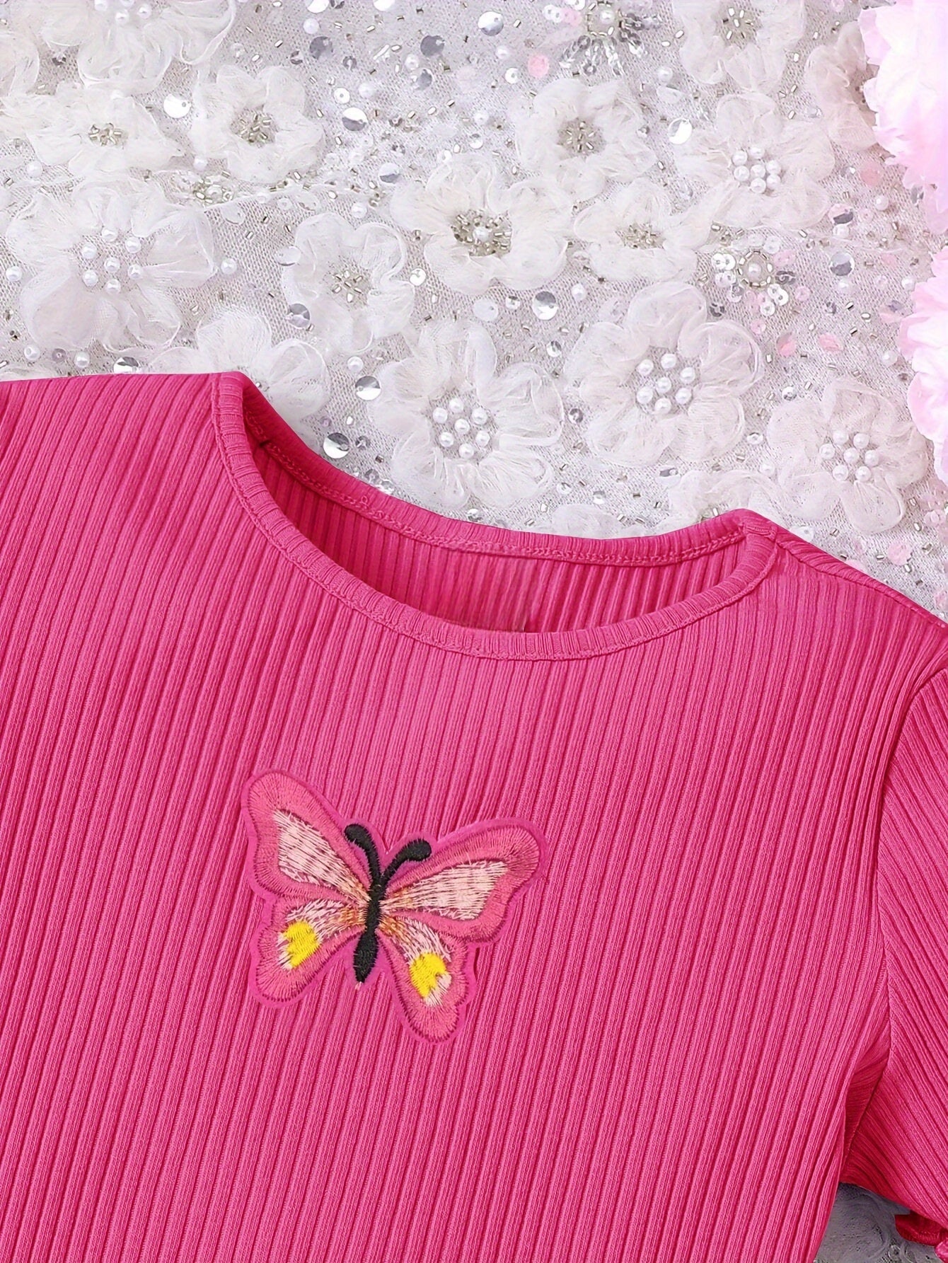 Butterfly Design Frill Trim Short Sleeve Bodycon Dress For Girls Summer Gift Holiday