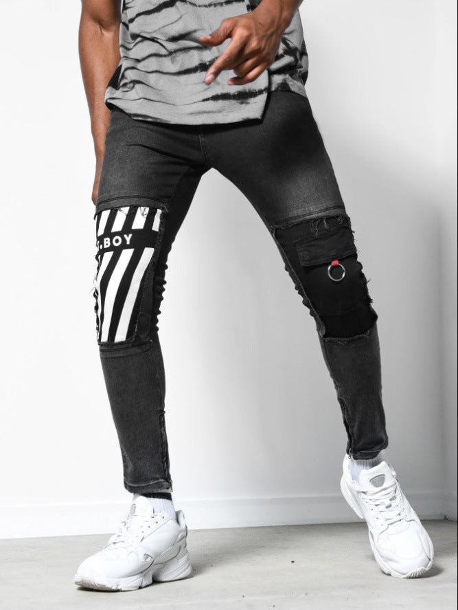 2025 Hot trade new wish 2025 men's pants ripped white slim denim trousers fashion printed pants men