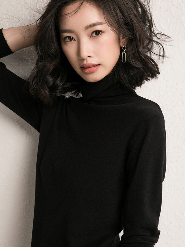 xakxx Simple Loose Long Sleeves Solid Color High-Neck Sweater Tops