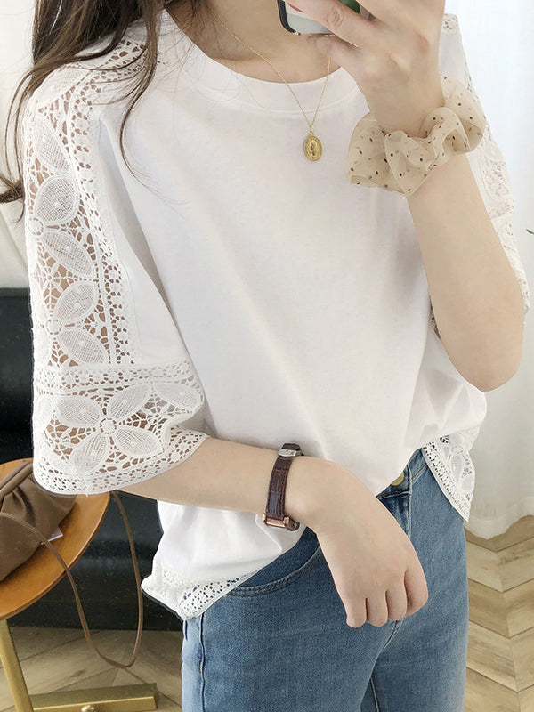 xakxx Half Sleeves Loose Hollow Solid Color Split-Joint Round-Neck T-Shirts Tops