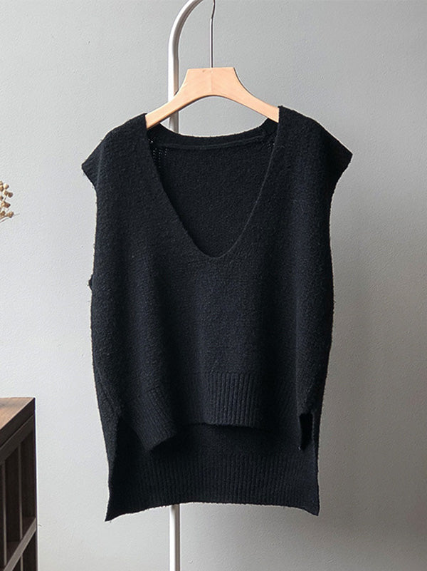 xakxx Knitting Irregularity Solid V-Neck Vest
