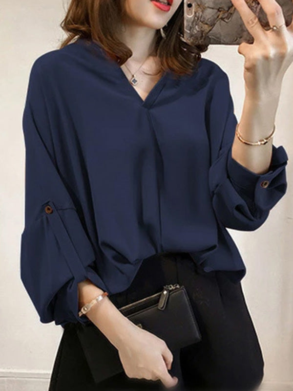 xakxx Casual Long Sleeves Loose Solid Color V-Neck Blouses&Shirts Tops