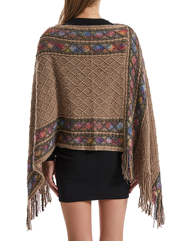 xakxx Loose Asymmetric Tasseled V-Neck Cape Shawl&Cloak