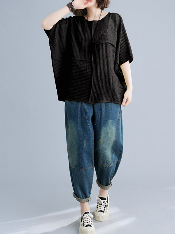 xakxx Batwing Sleeves Loose Solid Color Split-Joint Round-Neck T-Shirts Tops