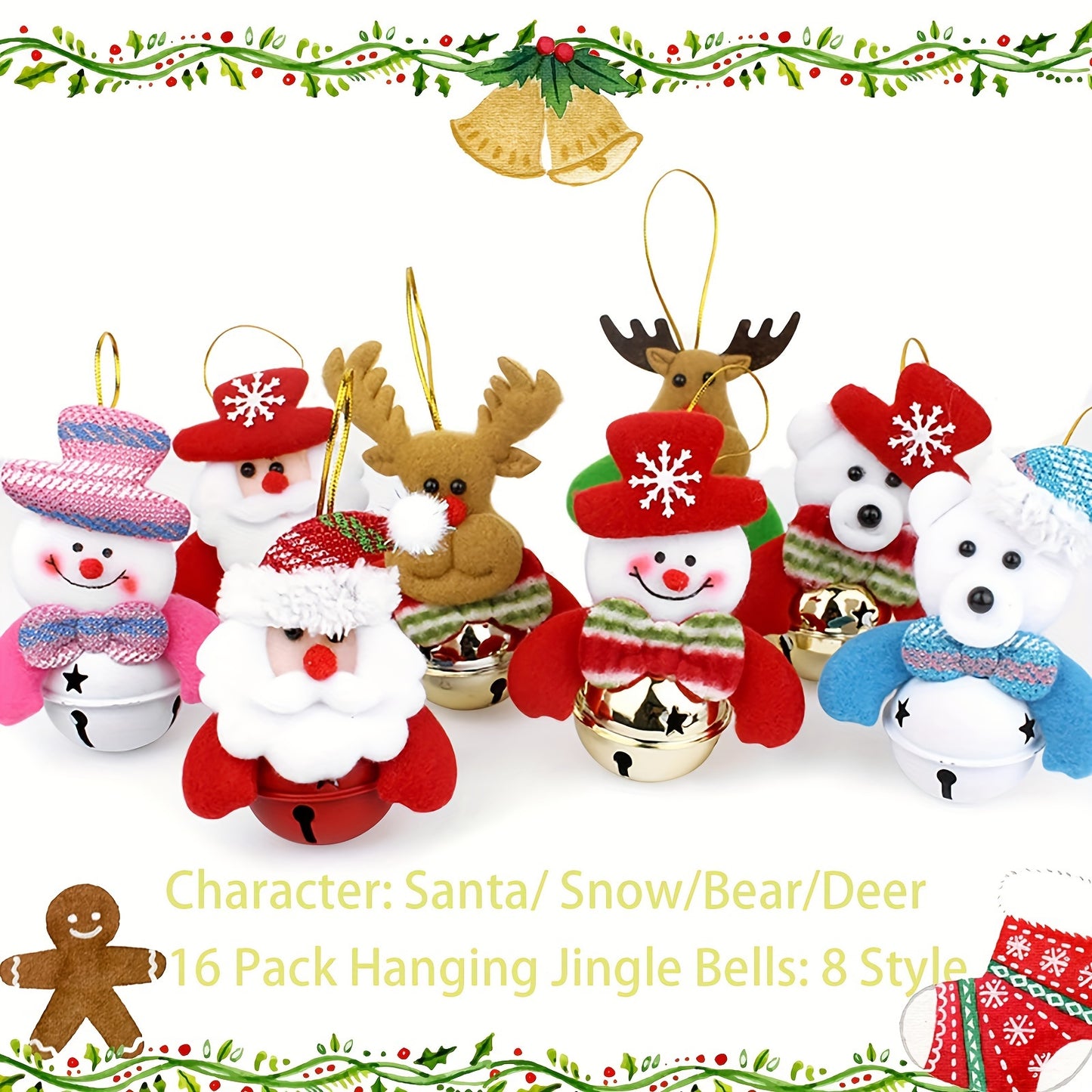 8pcs Felt Christmas Bells Ornaments, Hanging Jingle Bells Pendant, Xmas Tree Decorations for Santa Clause Snowman Reindeer Doll Elk Bear