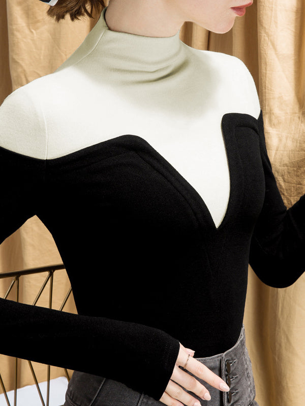 xakxx Vintage Contrast Color High-Neck Long Sleeves Pullover