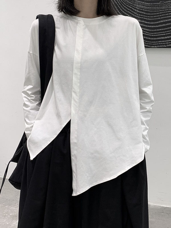 xakxx Long Sleeves Loose Asymmetric Solid Color Split-Front Split-Joint Round-Neck T-Shirts