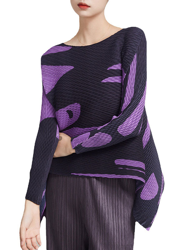 xakxx Casual Irregularity Loose Printed Pleated Round-Neck T-Shirts Tops