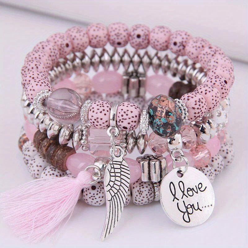 4pcs/Set Enchanting Love Wings Tassel Bracelet Ensemble - Lustrous Volcano Stone Beads & Multicolored Strands - Bohemian Chic Retro Style - Perfect Holiday Gift