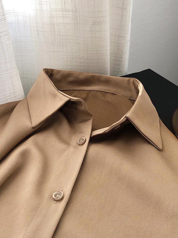 xakxx Simple Solid Color Satin Chiffon Long Sleeve Blouse