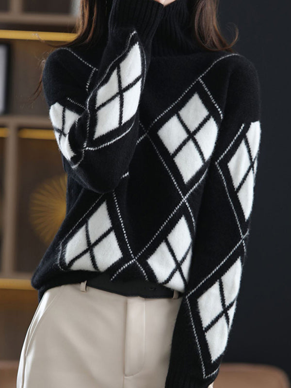 xakxx Casual Long Sleeves Loose Plaid High-Neck Sweater Tops