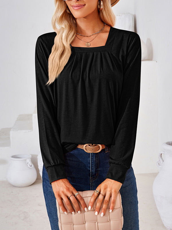 xakxx Long Sleeves Loose Pleated Solid Color Square-Neck T-Shirts Tops