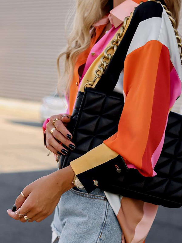 xakxx Stylish Selection Long Sleeves Loose Contrast Color Lapel Collar Blouses&Shirts Tops