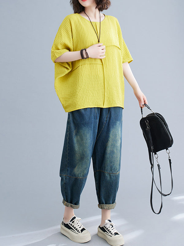 xakxx Batwing Sleeves Loose Solid Color Split-Joint Round-Neck T-Shirts Tops