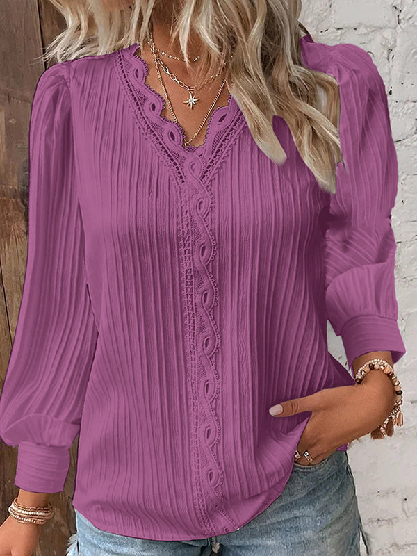 xakxx Long Sleeves Loose Hollow Solid Color V-Neck T-Shirts