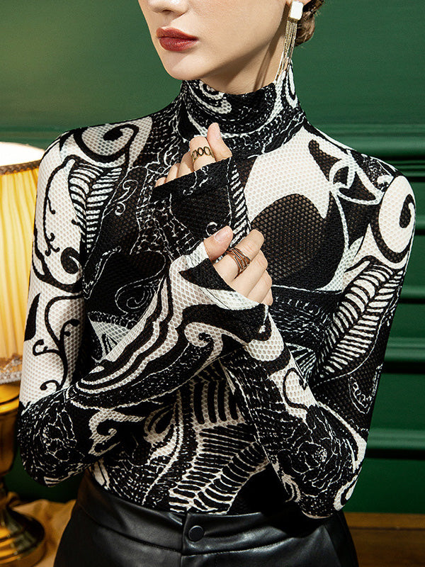xakxx Stylish Selection Long Sleeves Skinny Printed Half Turtleneck T-Shirts Tops