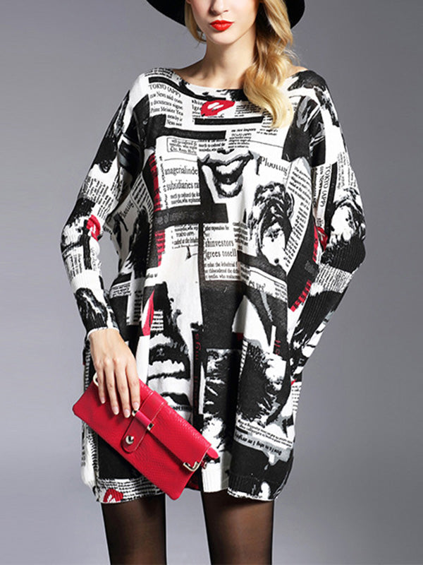 xakxx Long Sleeves Loose Letter Print Printed Round-Neck Knitwear Pullovers Sweater Tops