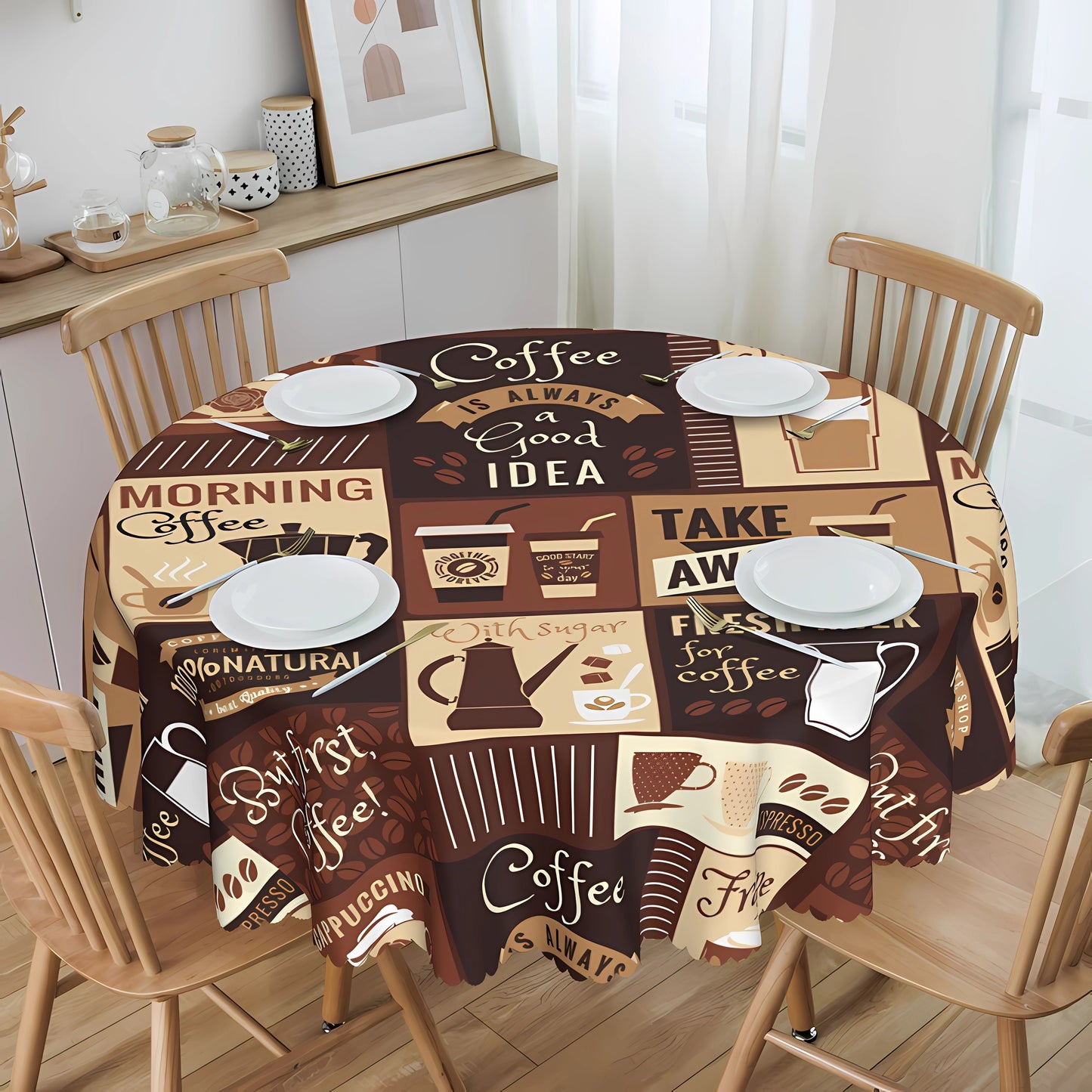 1pc Vintage Coffee Pattern Tablecloth - Stain Resistant, Waterproof, Edge Embossing Craft, No Pleated, Printed Table Cover for Home Decor, Easy to Clean, and Durable