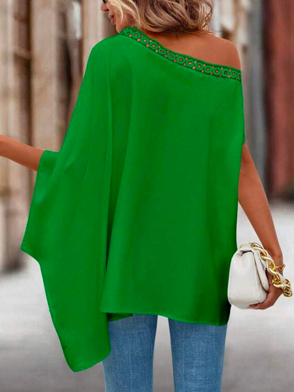 xakxx Batwing Sleeves Asymmetric Hollow Solid Color One-Shoulder Blouses&Shirts Tops