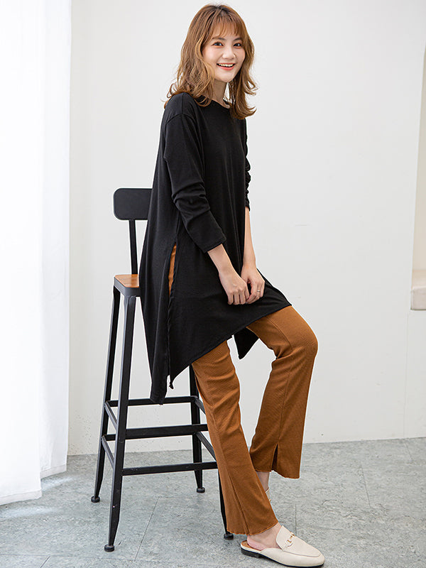 xakxx Casual High-Low Long Sleeves Solid Color Round-Neck T-Shirts Tops