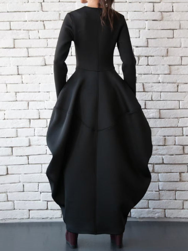 xakxx Split-Joint Zipper Round-Neck Maxi Dress Coat Bubble Dress