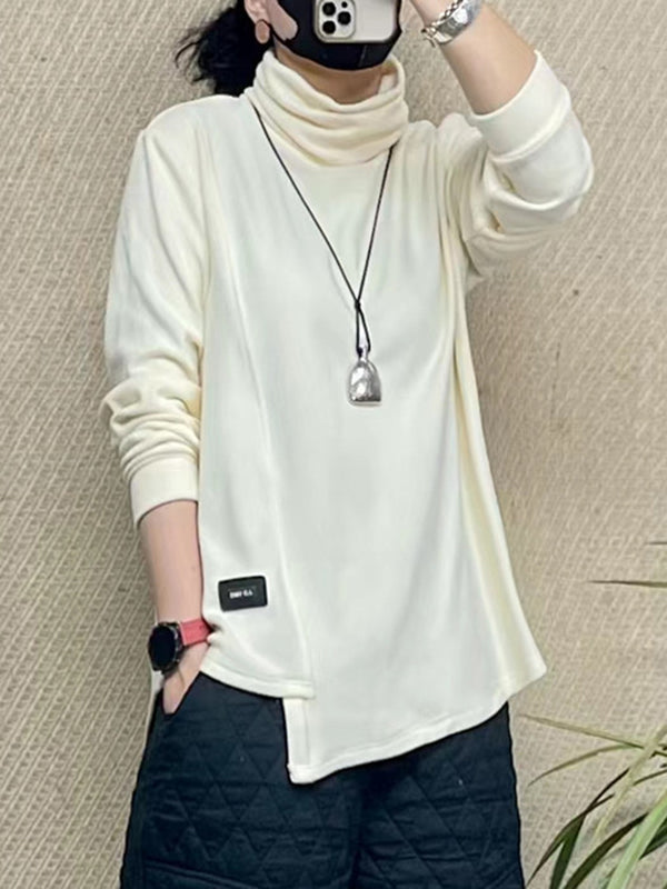 xakxx Long Sleeves Loose Asymmetric Solid Color High Neck T-Shirts Tops
