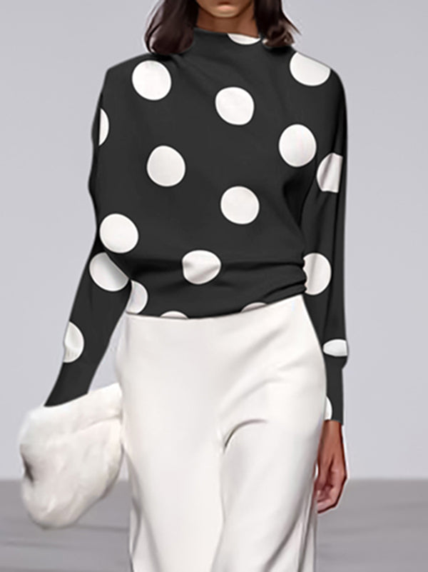 xakxx Long Sleeves Loose Polka Dot Stand Collar T-Shirts
