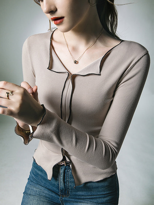xakxx Long Sleeves Skinny Split-Front Lapel T-Shirts Tops