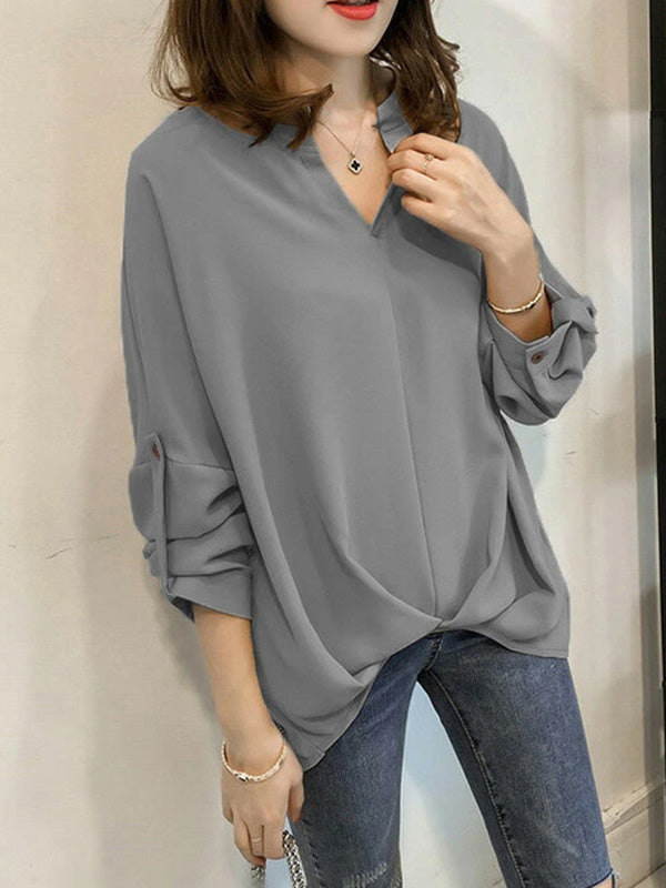 xakxx Casual Long Sleeves Loose Solid Color V-Neck Blouses&Shirts Tops