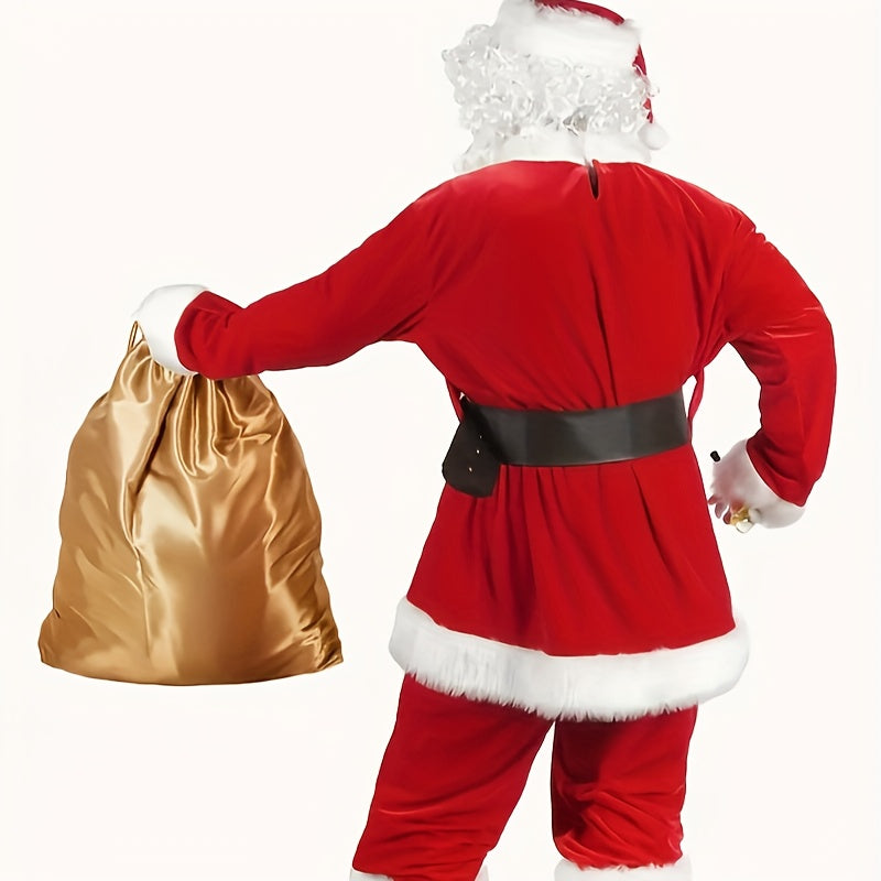 Luxurious Velvet Santa Claus Costume Set for Adults, 11pcs Christmas Outfit with Wig, Gloves, and Belt - Red Polyester, Best for Christmas
