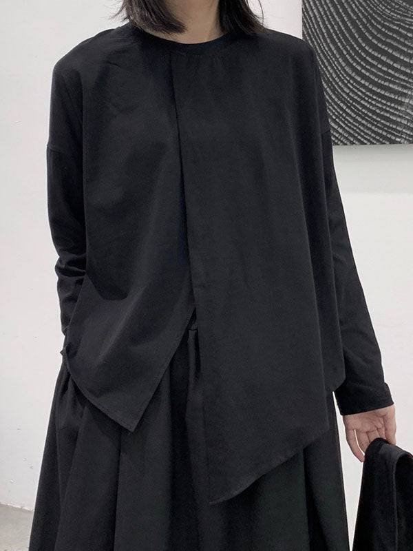 xakxx Long Sleeves Loose Asymmetric Solid Color Split-Front Split-Joint Round-Neck T-Shirts