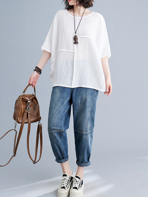 xakxx Batwing Sleeves Loose Solid Color Split-Joint Round-Neck T-Shirts Tops