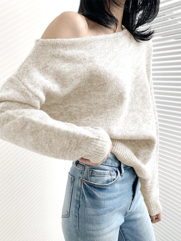 xakxx Casual Loose Long Sleeves Solid Color Off-The-Shoulder Sweater Tops