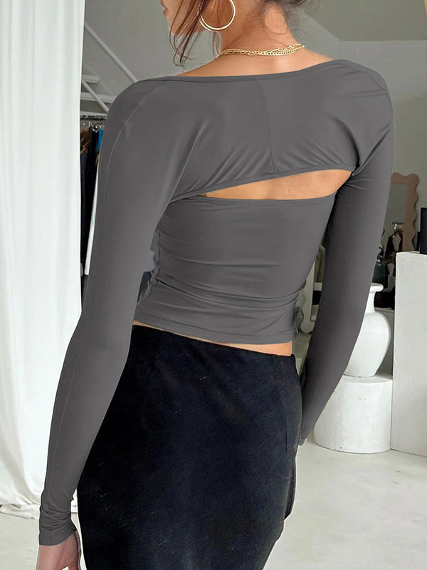 xakxx Long Sleeves Skinny Solid Color Collarless T-Shirts Tops
