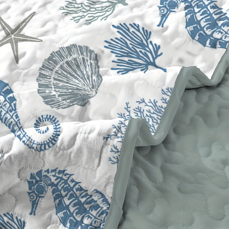 3pcs Vibrant Seahorse & Sea Star Bedspread Set - Soft, Light, Beach-Inspired Family Bedroom Decor - No Filling, Easy Care, Hypoallergenic, All-Season Comfort