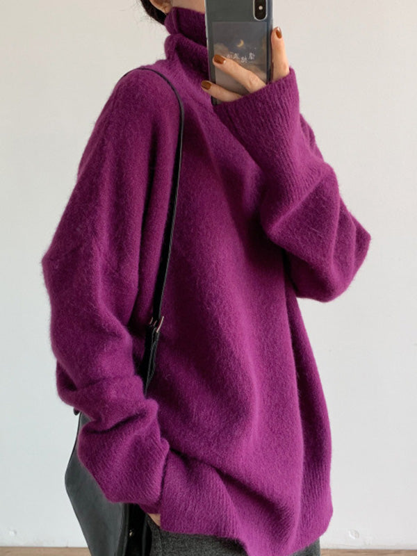 xakxx Casual Long Sleeves Loose Solid Color High-Neck Sweater Tops