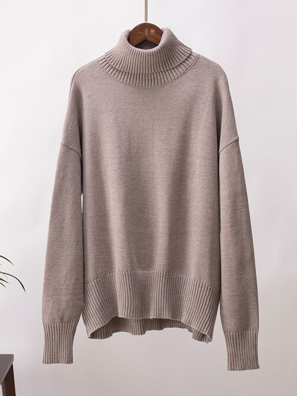 xakxx Long Sleeves Loose Solid Color High Neck Knitwear Pullovers Sweater Tops