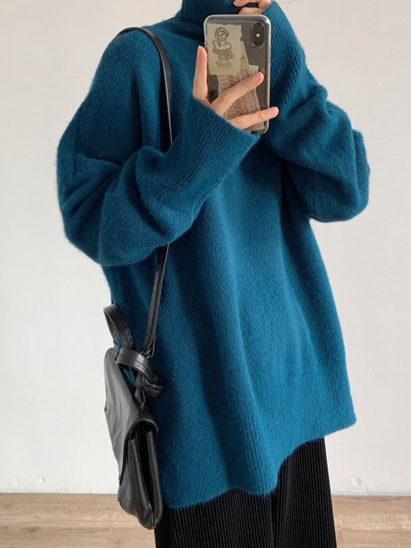 xakxx Casual Long Sleeves Loose Solid Color High-Neck Sweater Tops