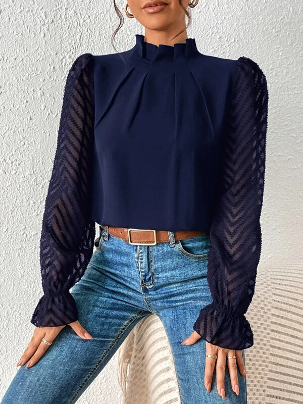 xakxx Long Sleeves Loose Elasticity Mesh Pleated Solid Color Mock Neck Blouses&Shirts Tops