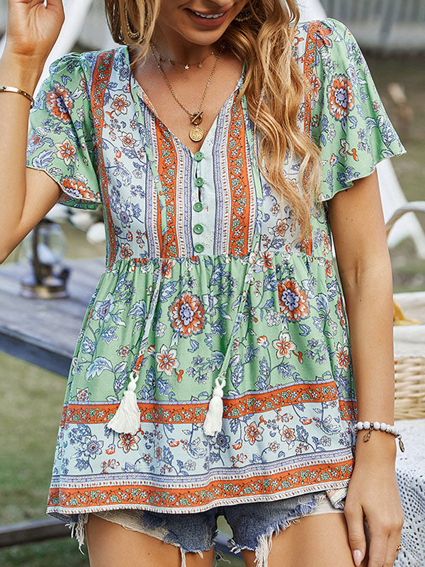 xakxx Loose Short Sleeves Buttoned Flower Print Split-Joint Tasseled Tied V-Neck T-Shirts Tops