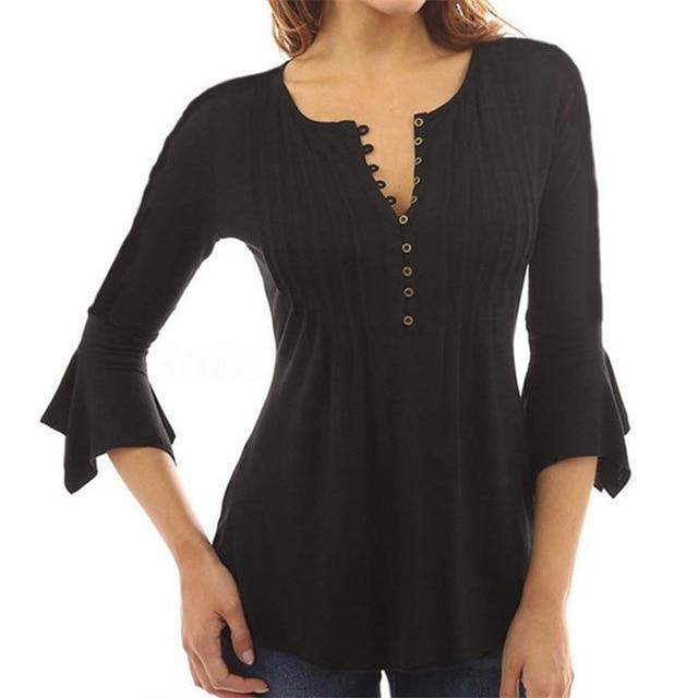 Xakxx - Women Elegant Ruffles Tops Plus Size Flare Sleeve Solid Casual Loose Shirt Blouse