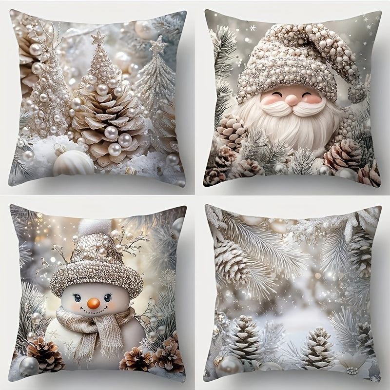 4-Piece Set of Contemporary Christmas Throw Pillow Covers, Hand Wash Only, Zipper Closure, 17.72" Woven Polyester Decorative Cushions with Santa, Snowman, Pine Cone Print for Living Room, Office, Sofa